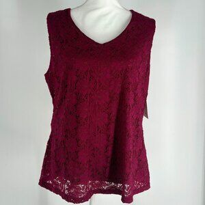 NWT Croft & Barrow Sleeveless Burgundy Lace Tank Top V-Neck Lightweight Size PXL